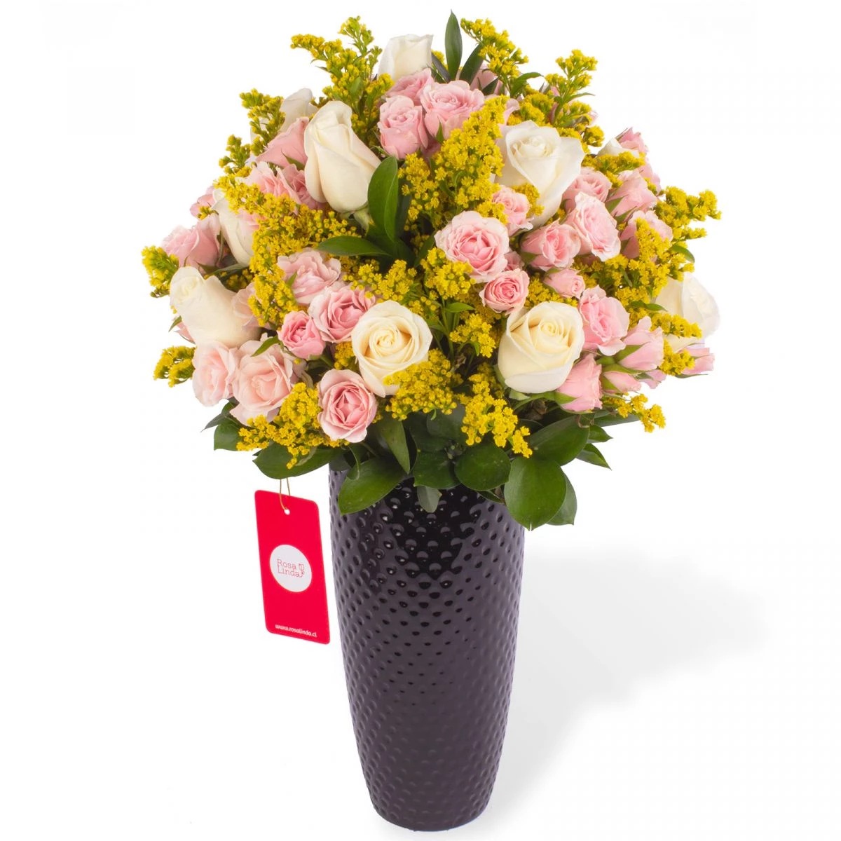 Foto principal Julia - Arreglo floral con rosas blancas, minirosas rosadas y solidago amarillo