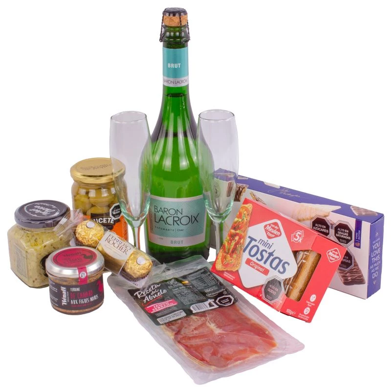 Foto 4 Set de Regalo Brindis Especial - Canasto de mimbre con espumantes, copas y picoteo