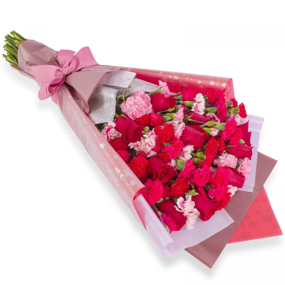 Foto principal Ramo de Miniclaveles - Ramo de flores extendido con miniclaveles y rosas rojas