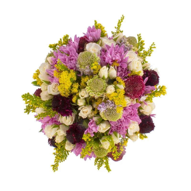 Foto 3 Escorpio - Arreglo floral con escabiosas, minirosas blancas, maules lilas, solidago y ruscus