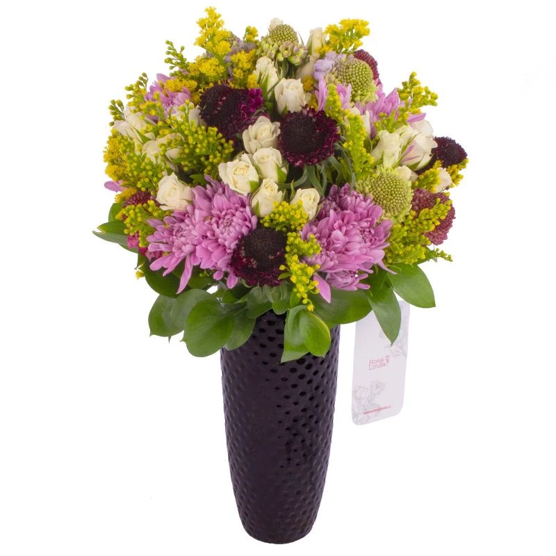 Foto 4 Escorpio - Arreglo floral con escabiosas, minirosas blancas, maules lilas, solidago y ruscus