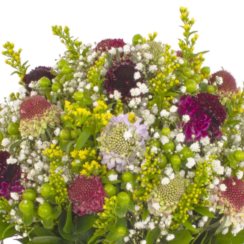 Foto 5 Virgo - Arreglo floral con escabiosas, hypericum verde, gypsophilas y solidago amarillo