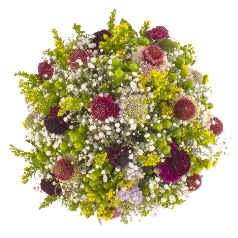 Foto 4 Virgo - Arreglo floral con escabiosas, hypericum verde, gypsophilas y solidago amarillo