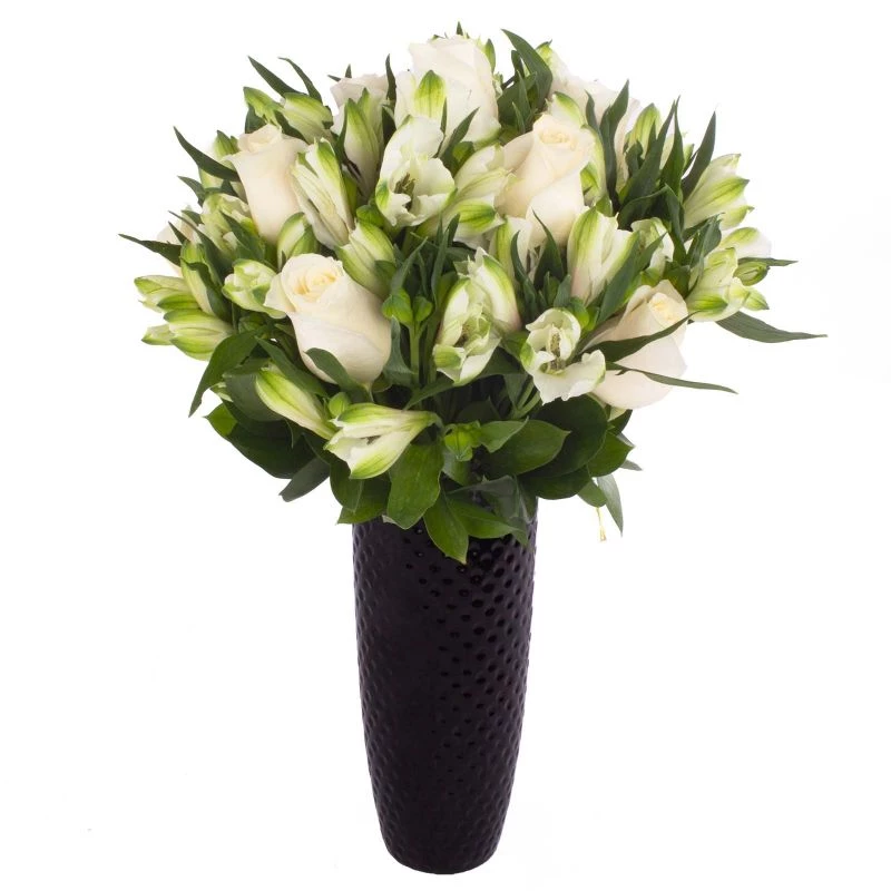 Foto 4 Amor Blanco en cerámica - Arreglo floral con rosas blancas y astromelias