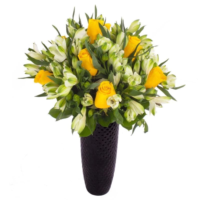 Foto 4 Amor Amarillo en cerámica - Arreglo floral con rosas amarillas y astromelias