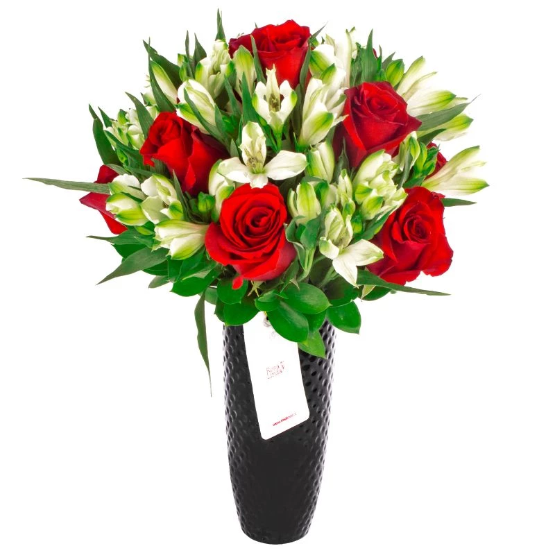 Foto 4 Amor Rojo en cerámica - Arreglo floral con rosas rojas y astromelias