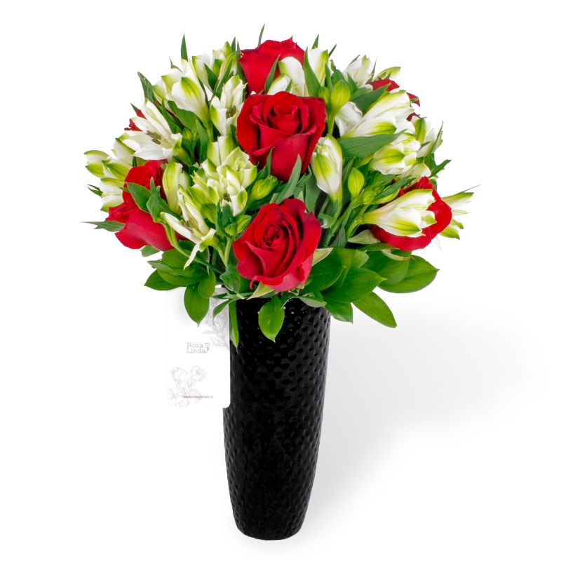 Amor Rojo en cerámica - Arreglo floral con rosas rojas y astromelias Amor Rojo en cerámica - Arreglo floral con rosas rojas y astromelias