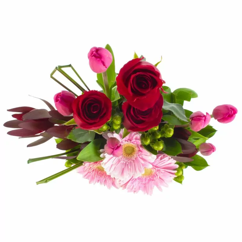 Foto 4 Altair Rosado - Arreglo floral con tulipanes fucsias, rosas rojas, gerberas rosadas y leucadendros