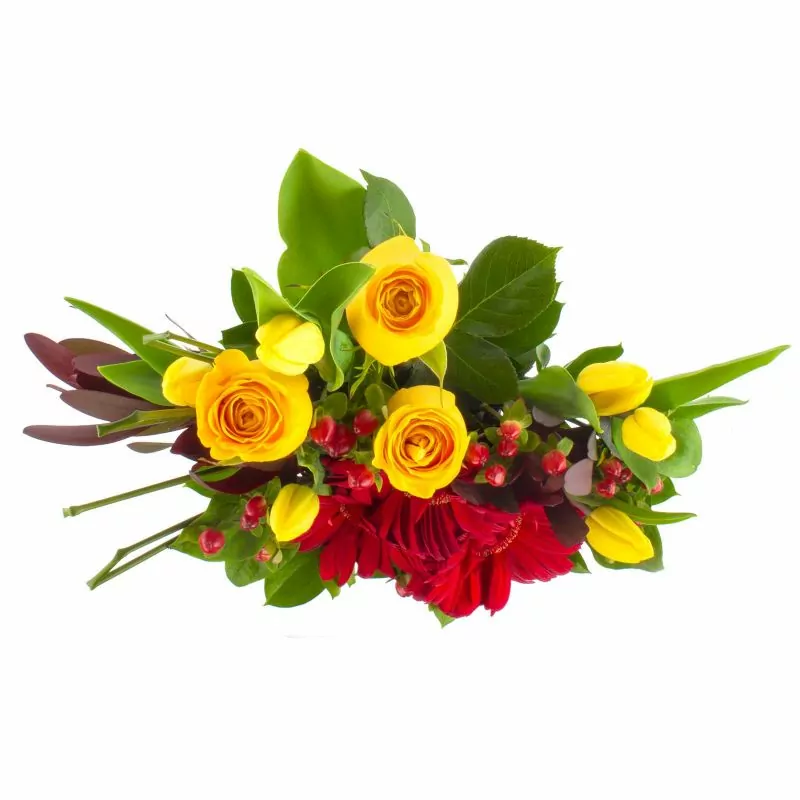 Foto 4 Altair Rojo - Arreglo floral con tulipanes amarillos, rosas amarillas, gerberas rojas y leucadendros