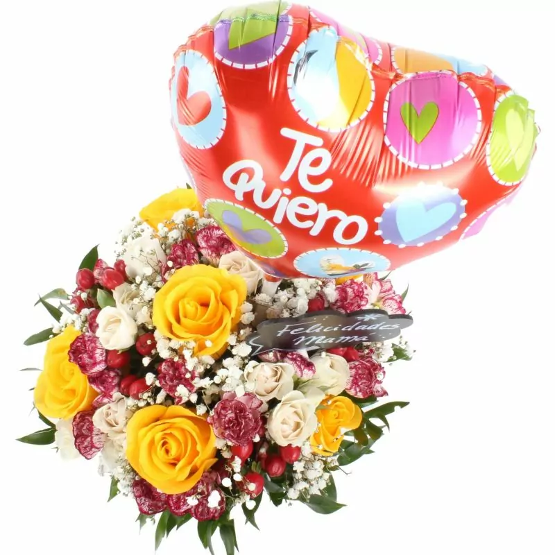 Foto 3 Felicidades mamá - Florero para mamá con rosas amarillas, hypericum rojo y miniclaveles