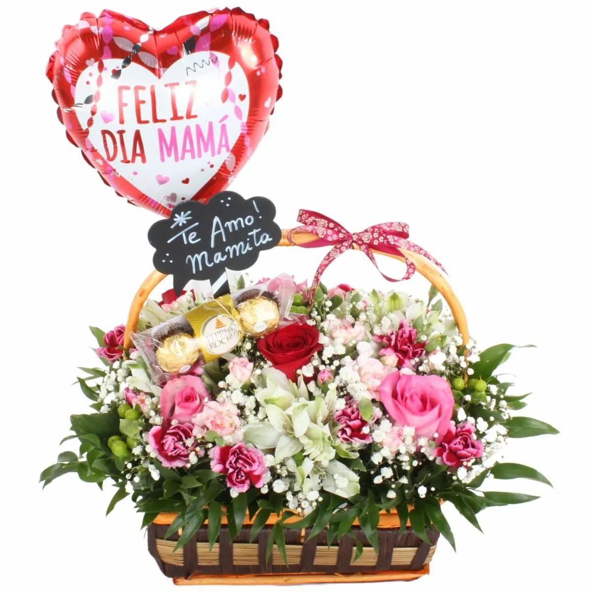Foto principal Canasto para mamá - Arreglo floral con rosas, miniclaveles, astromelias, chocolates, globo y pizarra