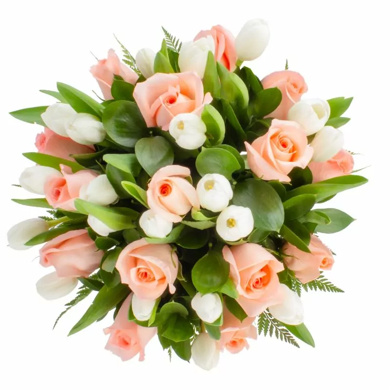 Foto 4 Isidora Blanco y Damasco - Arreglo floral con tulipanes blancos y rosas damasco