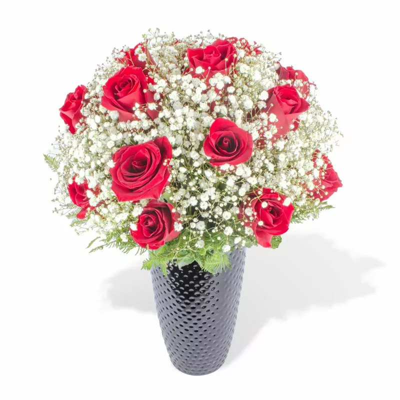 María Rosas Rojo en cerámica - Arreglo floral con 18 rosas rojas y gypsophila