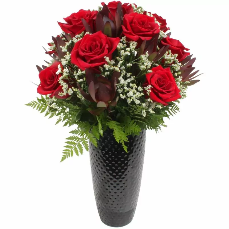 Foto 4 María Rosas Rojo en cerámica - Arreglo floral con 13 rosas rojas, leucadendro y limonium