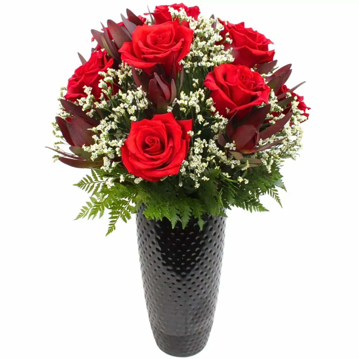 Foto principal María Rosas Rojo en cerámica - Arreglo floral con 13 rosas rojas, leucadendro y limonium