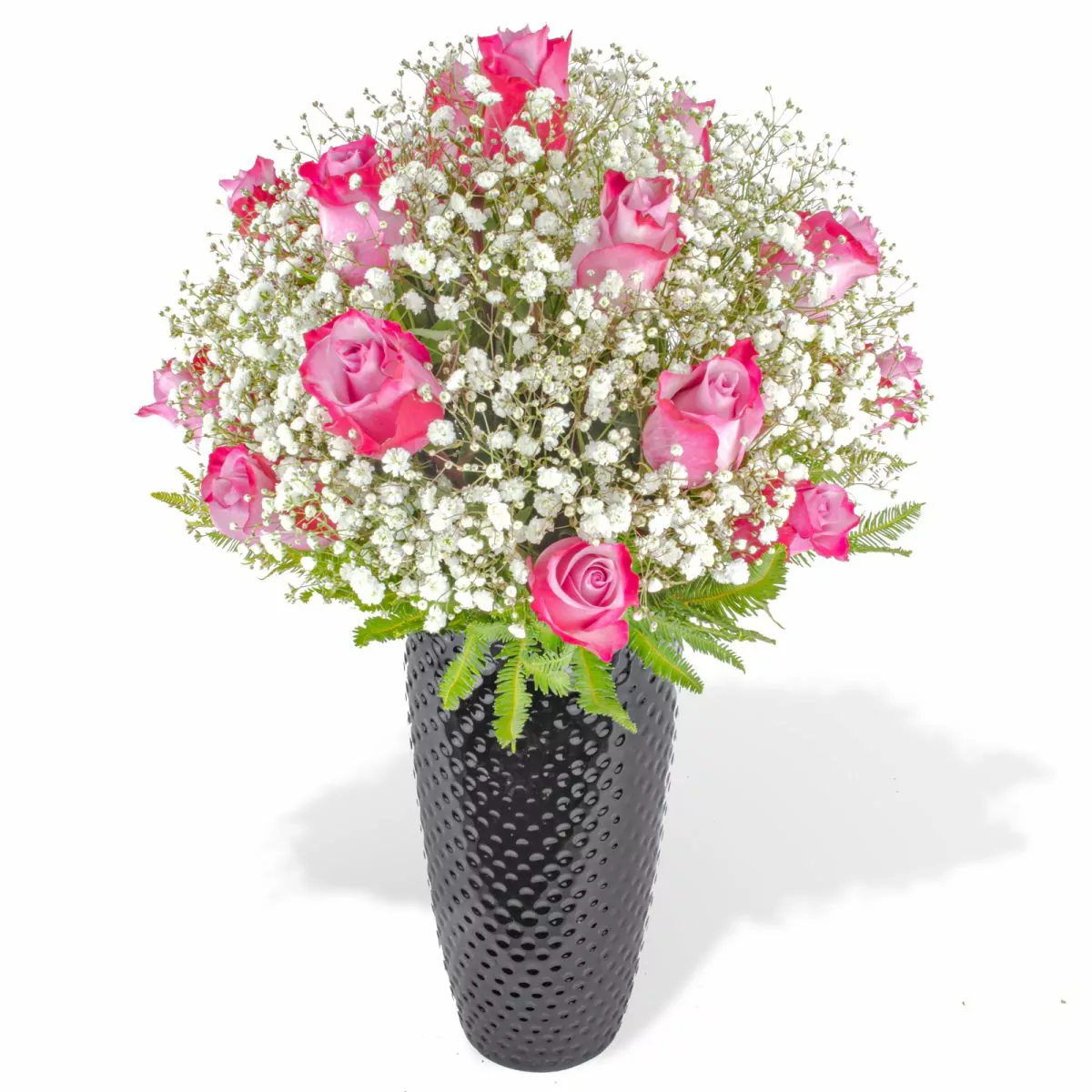 Foto principal María Rosas Lila en cerámica - Arreglo floral con 18 rosas lila y gypsophila