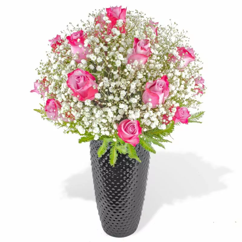María Rosas Lila en cerámica - Arreglo floral con 18 rosas lila y gypsophila