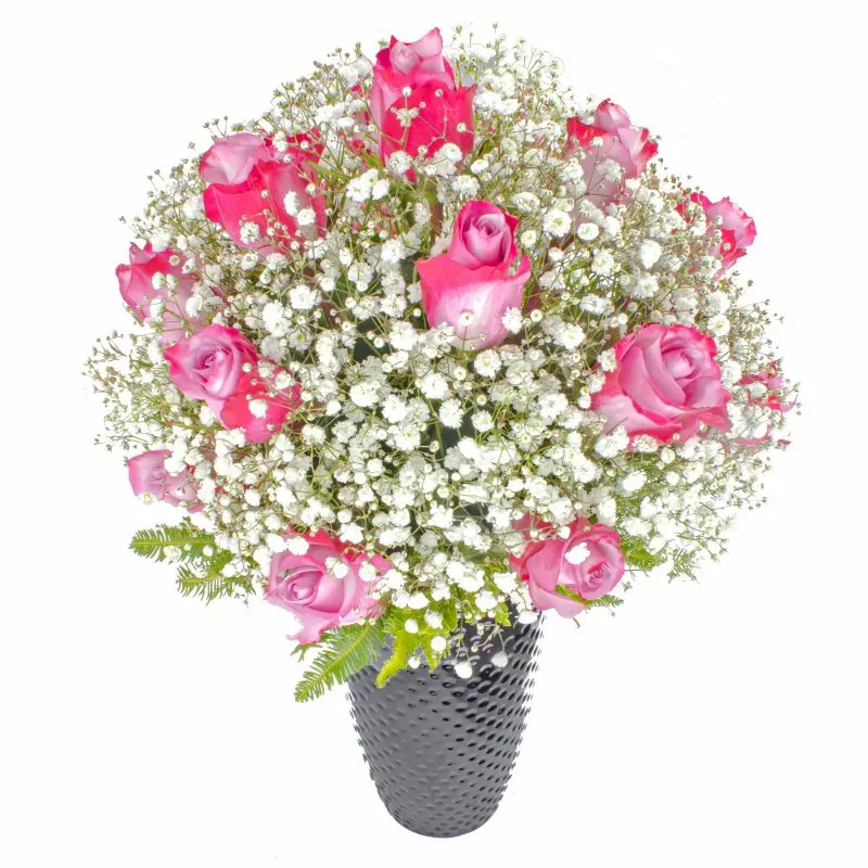 Foto 3 María Rosas Lila en cerámica - Arreglo floral con 18 rosas lila y gypsophila
