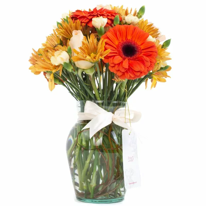Foto 4 Brisa de otoño naranjo amarillo - Florero transparente con gerberas, rosas y mini claveles