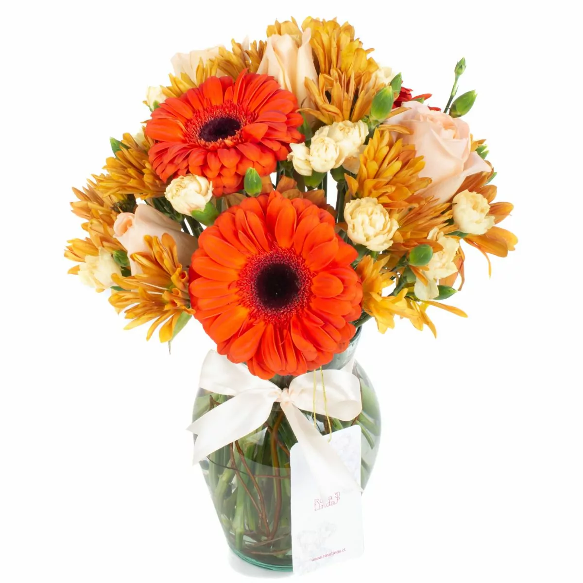 Foto principal Brisa de otoño naranjo amarillo - Florero transparente con gerberas, rosas y mini claveles