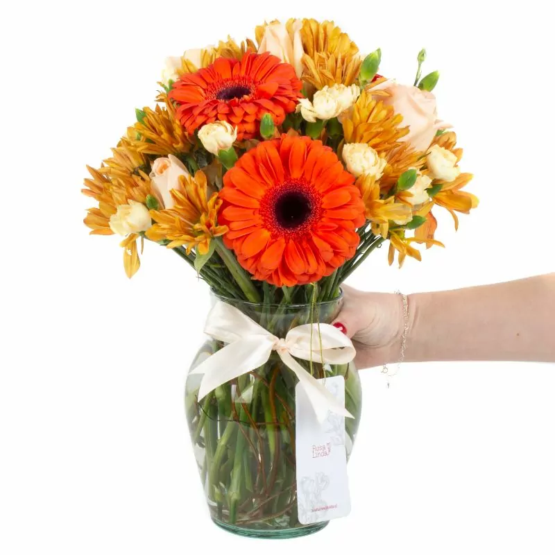 Foto 3 Brisa de otoño naranjo amarillo - Florero transparente con gerberas, rosas y mini claveles