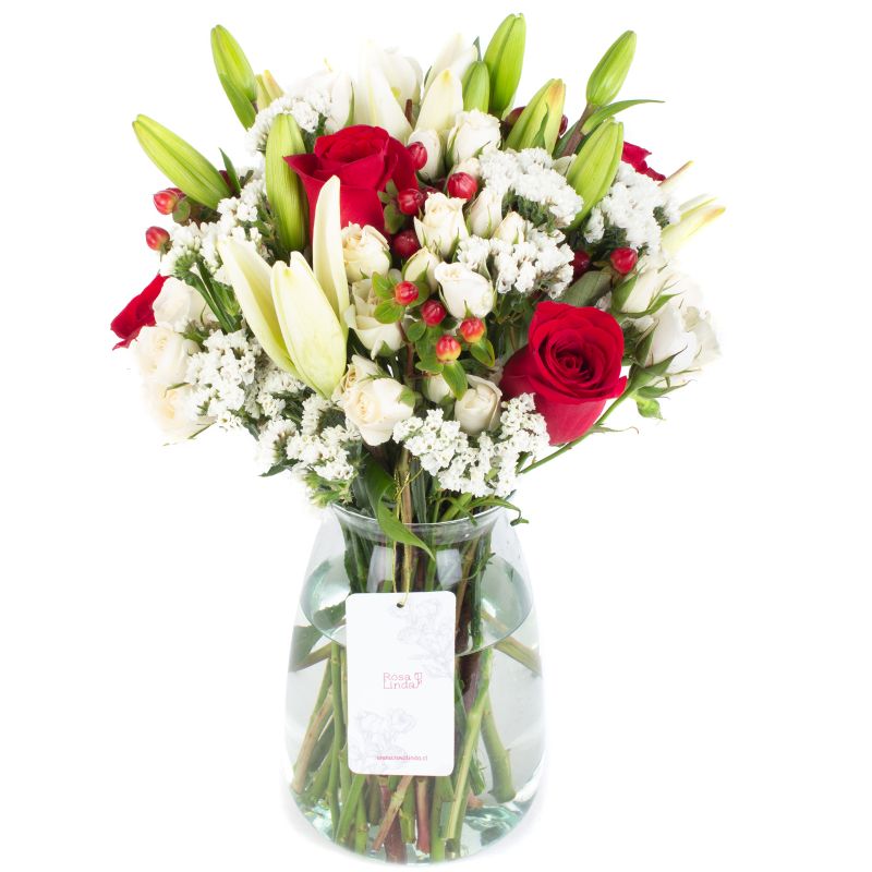 Silencio blanco y rojo - Florero transparente con rosas, liliums y minirosas Silencio blanco y rojo - Florero transparente con rosas, liliums y minirosas
