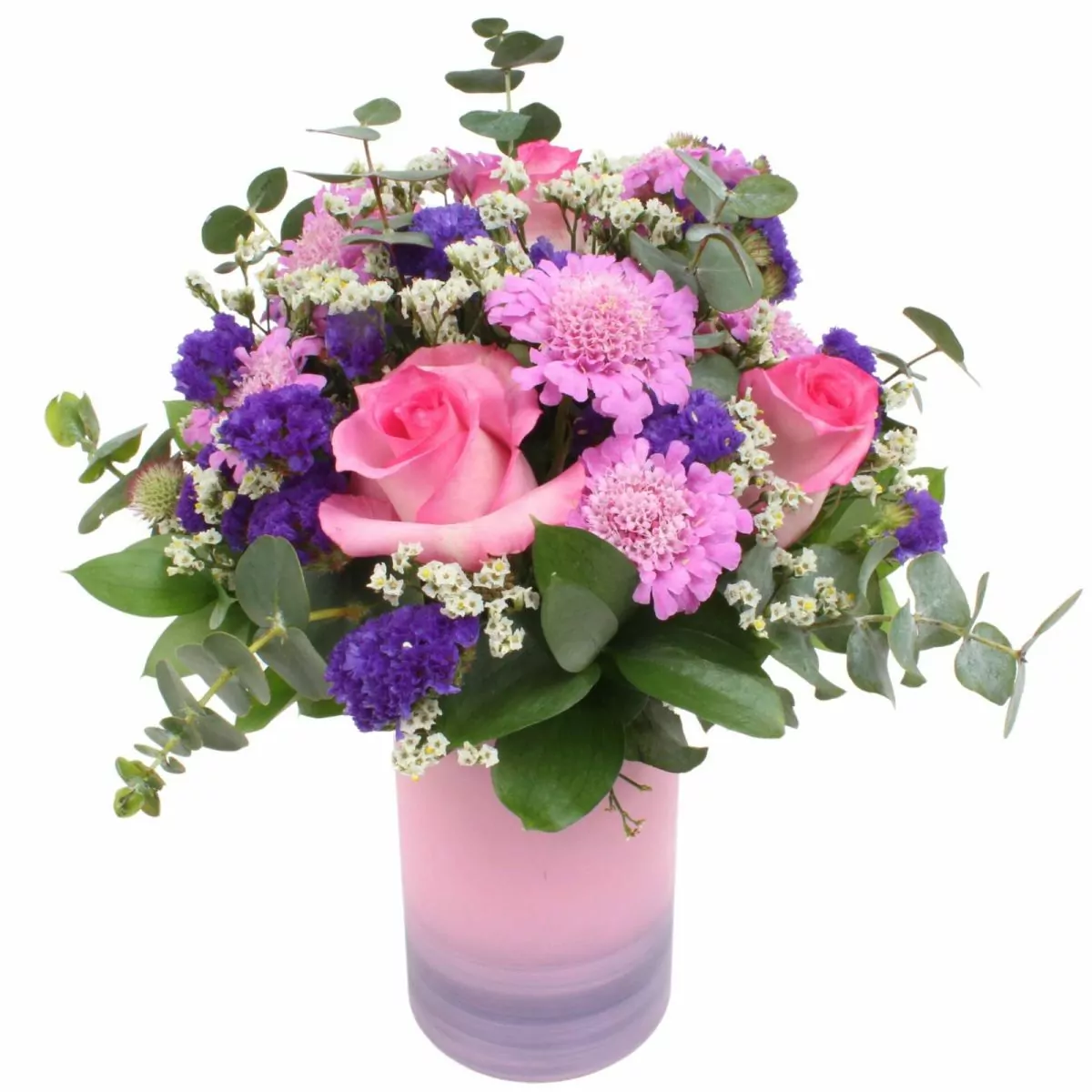 Foto principal Campos de Monet rosado - Florero rosado con rosas, escabiosa, gypso y eucalipto