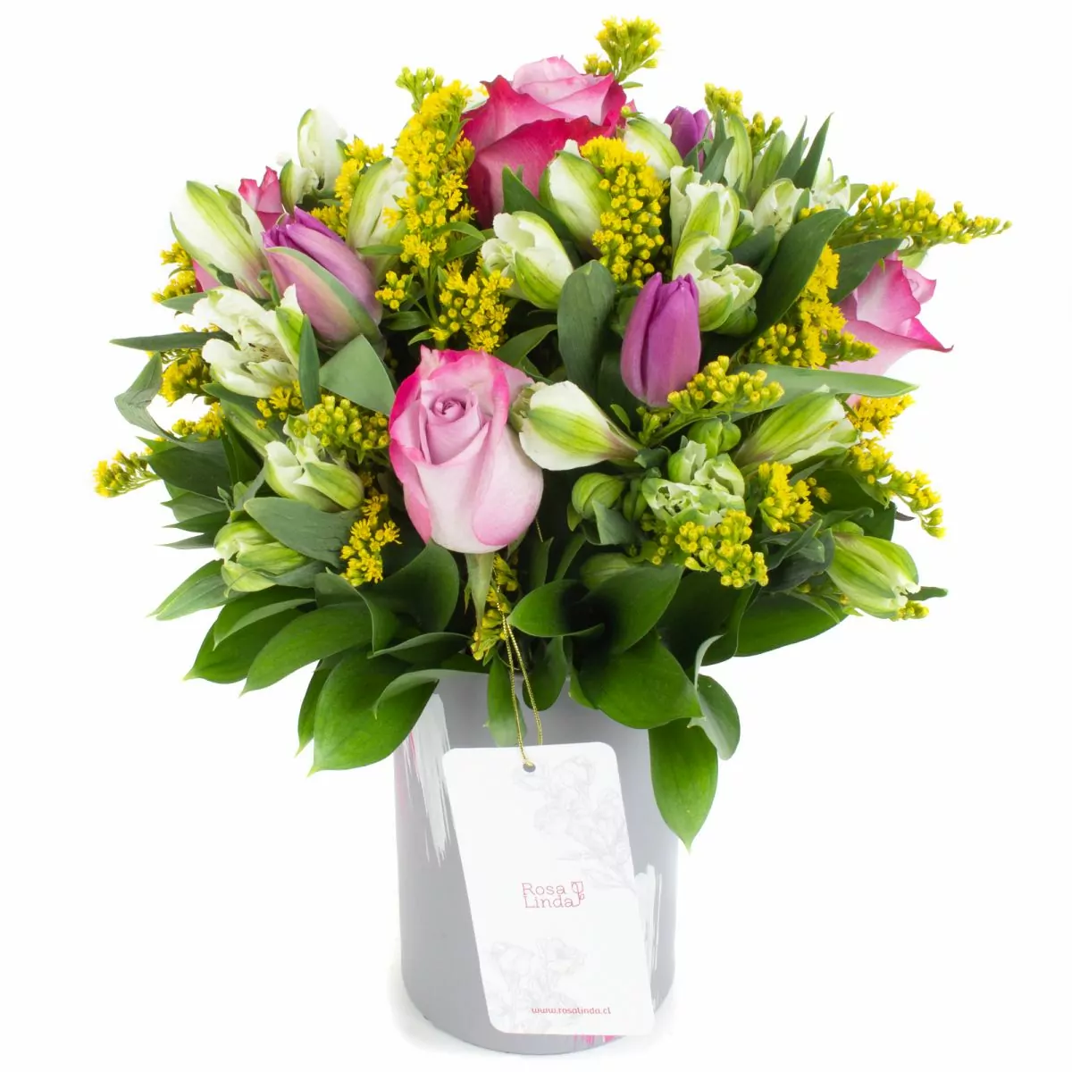 Foto principal Besos de Dalí Lila - Florero gris con rosas, tulipanes y astromelias