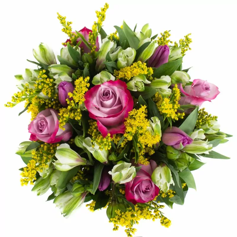 Foto 2 Besos de Dalí Lila - Florero gris con rosas, tulipanes y astromelias