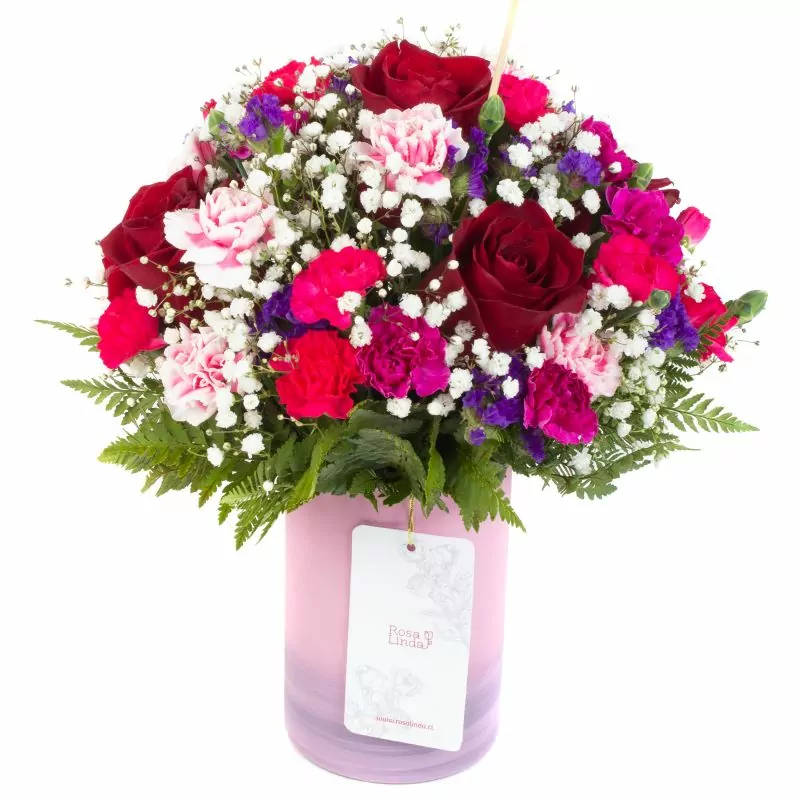 Colores de Frida Rojo en Florero - Florero rosado con rosas, claveles, estate y gypsophila