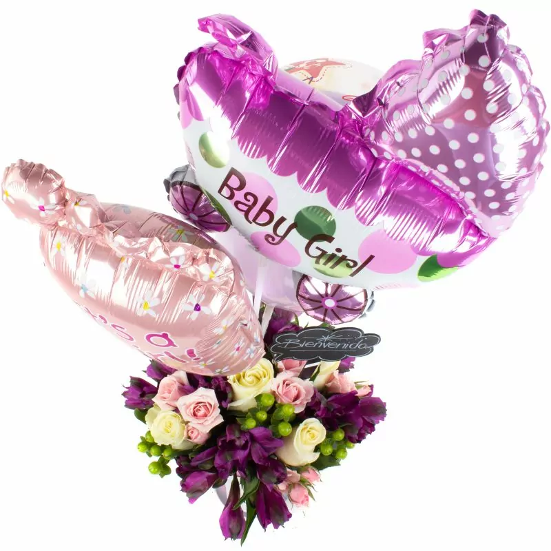 Foto 4 Bienvenida bebé - Arreglo floral con globos, rosas y astromelias