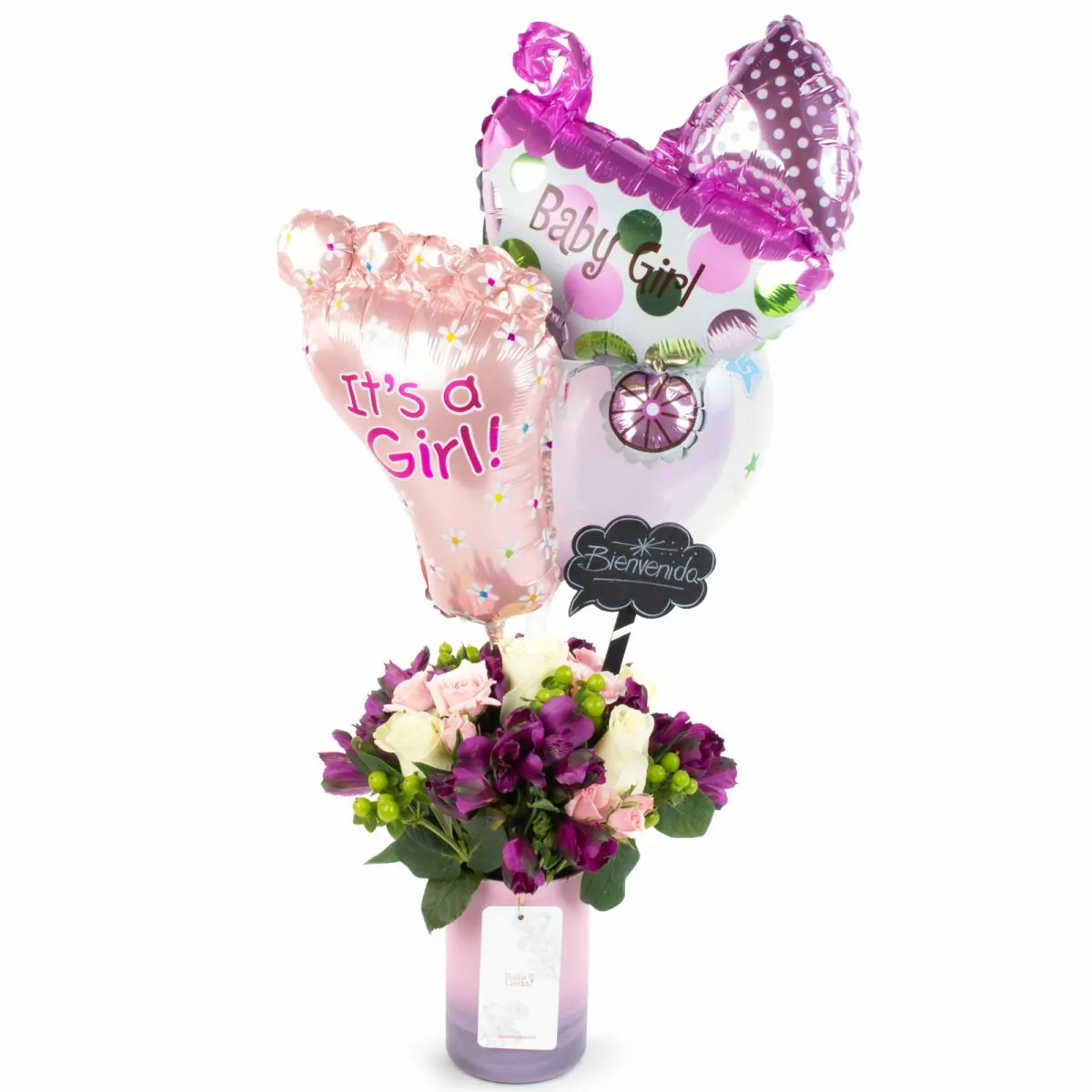 Foto principal Bienvenida bebé - Arreglo floral con globos, rosas y astromelias