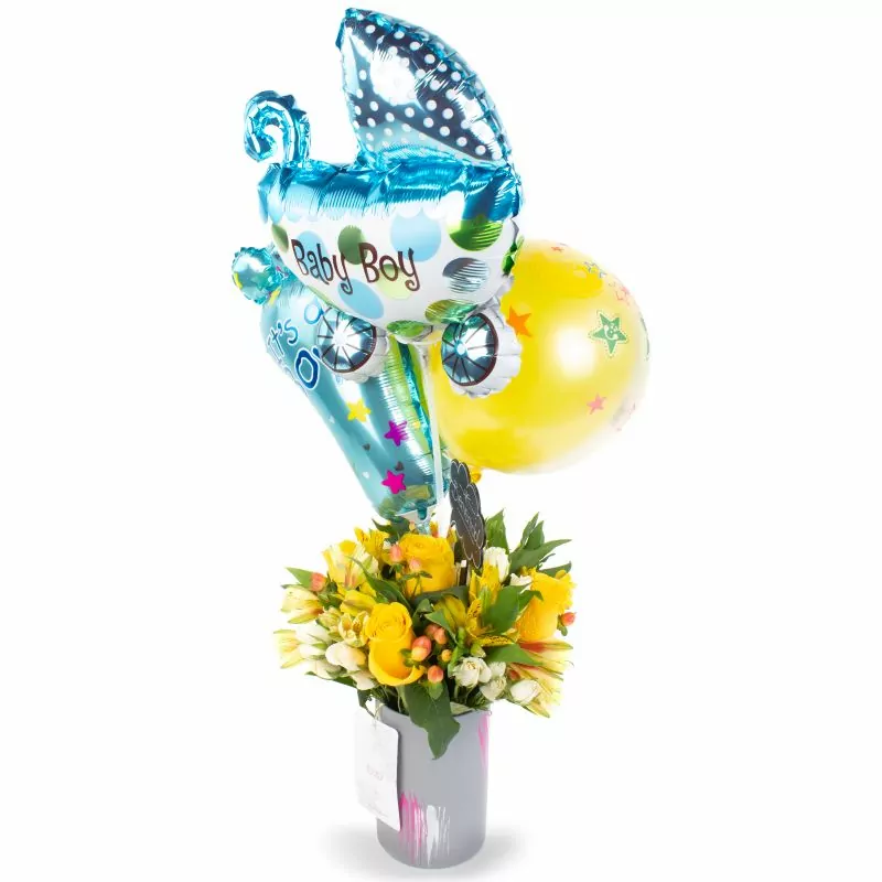 Foto 3 Bienvenido bebé - Arreglo floral con globos, rosas y astromelias