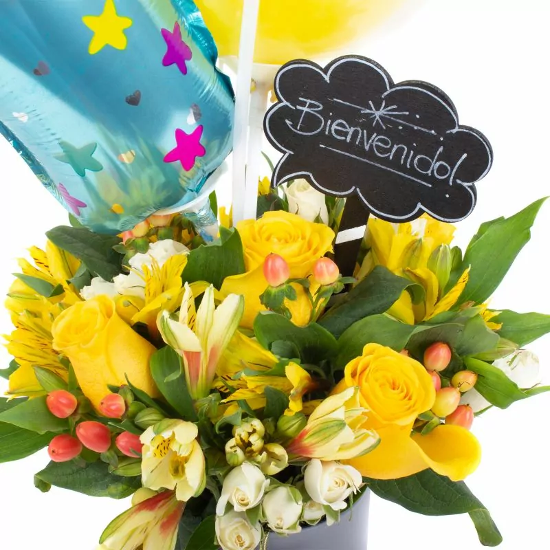 Foto 5 Bienvenido bebé - Arreglo floral con globos, rosas y astromelias
