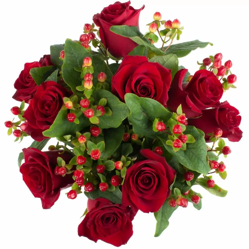 Foto 4 Pequeña Antonia Rojo - Florero transparente con 9 rosas e hypericum