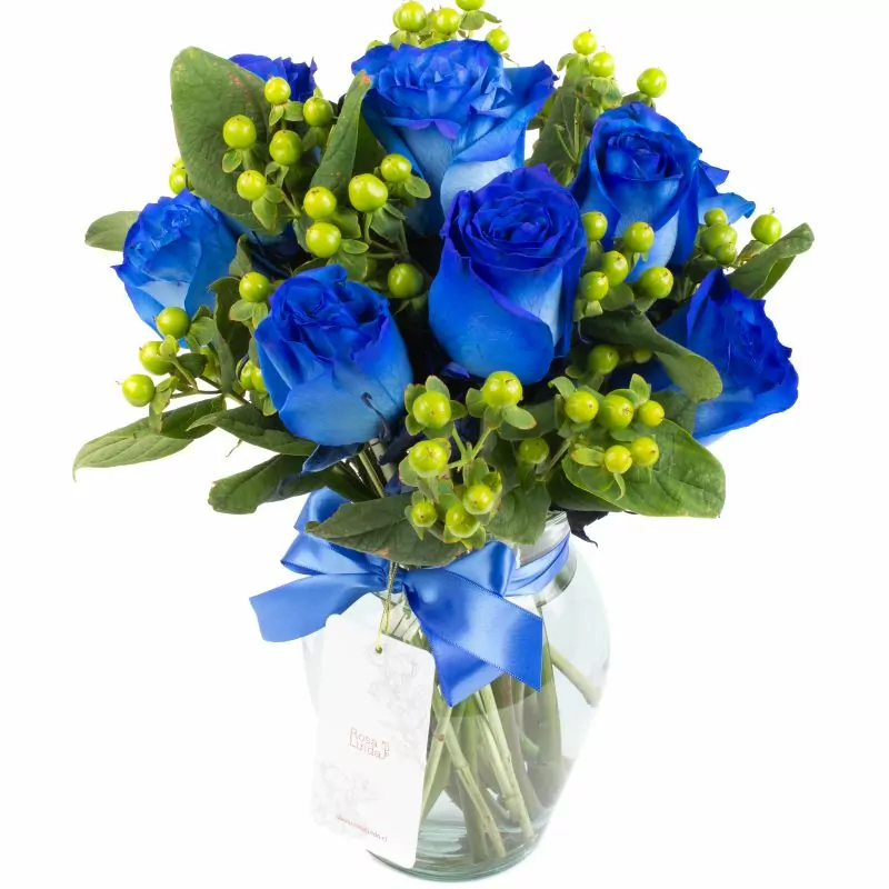 Foto 3 Pequeña Antonia Azul - Florero transparente con 9 rosas e hypericum