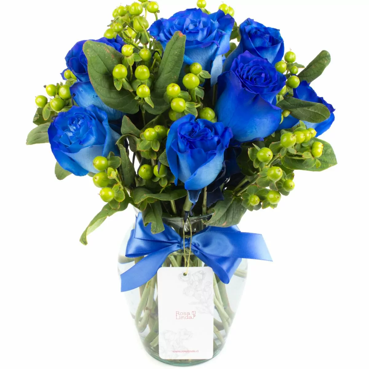 Foto principal Pequeña Antonia Azul - Florero transparente con 9 rosas e hypericum