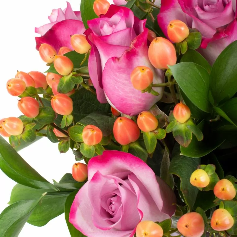 Foto 5 Pequeña Antonia Lila - Florero transparente con 9 rosas e hypericum