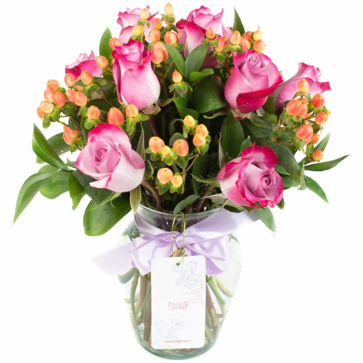 Foto principal Pequeña Antonia Lila - Florero transparente con 9 rosas e hypericum