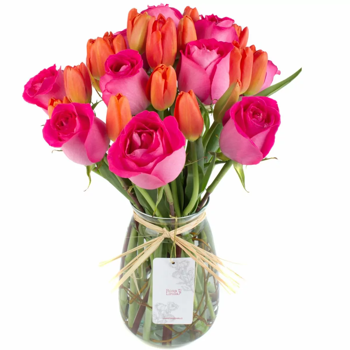 Foto principal Elena Fucsia - Arreglo floral con rosas fucsias y tulipanes naranjos