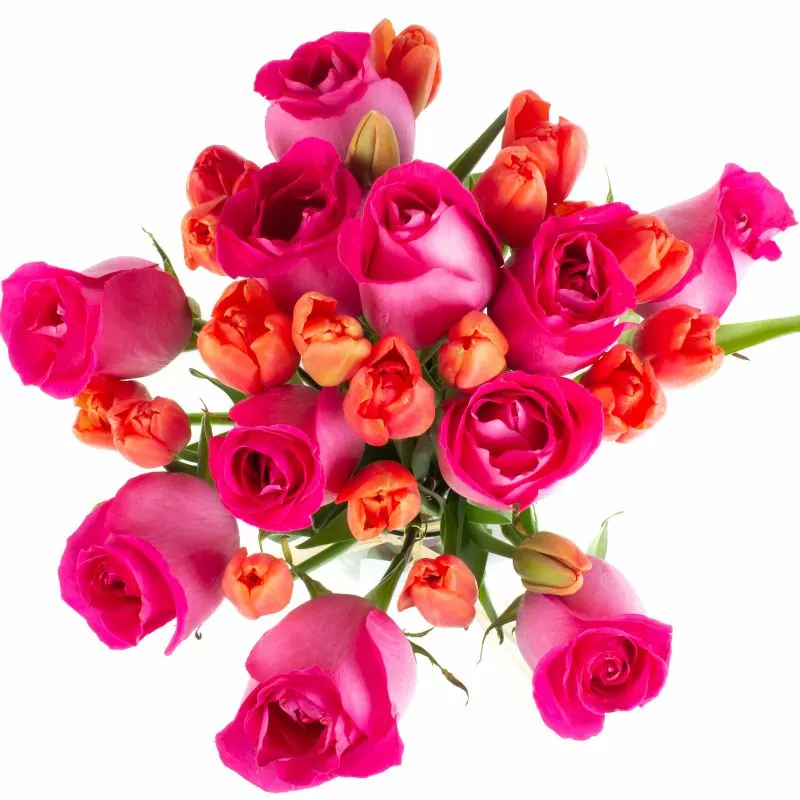 Foto 4 Elena Fucsia - Arreglo floral con rosas fucsias y tulipanes naranjos