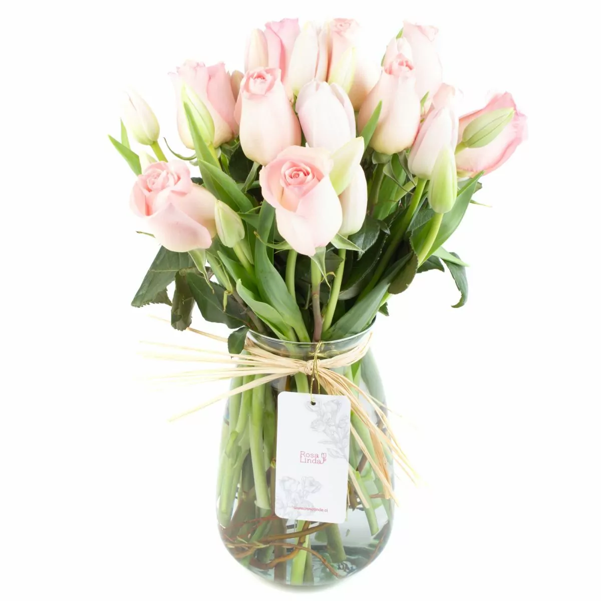 Foto principal Elena Rosado Blanco - Florero transparente con rosas ecuatorianas y tulipanes