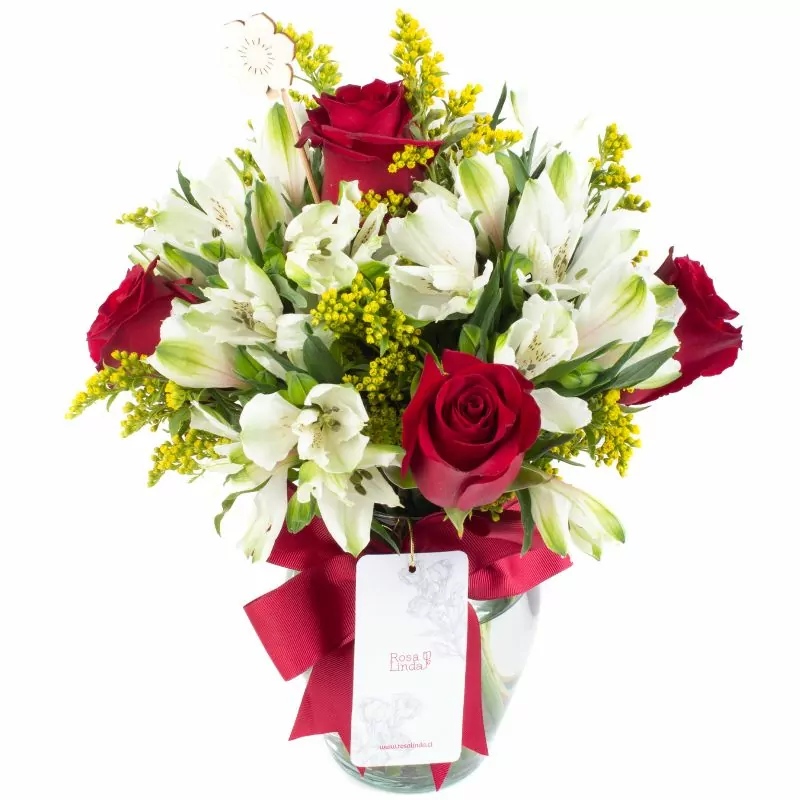 Ágata Rojo y Blanco - Florero con rosas, astromelias y solidago