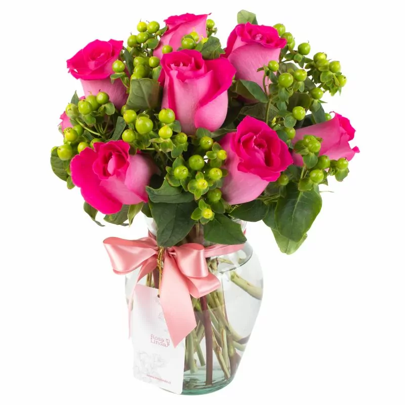 Foto 3 Pequeña Antonia Fucsia - Florero transparente con 9 rosas e hypericum