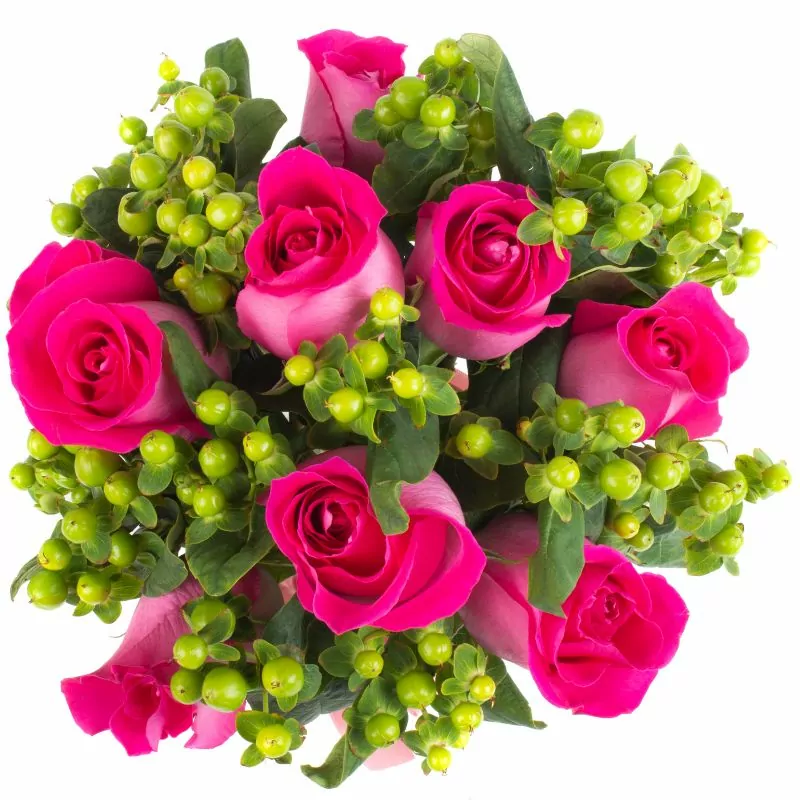 Foto 4 Pequeña Antonia Fucsia - Florero transparente con 9 rosas e hypericum