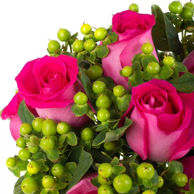 Foto 5 Pequeña Antonia Fucsia - Florero transparente con 9 rosas e hypericum