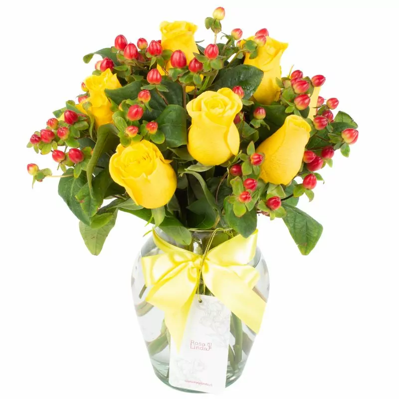 Pequeña Antonia Amarillo - Florero transparente con 9 rosas e hypericum