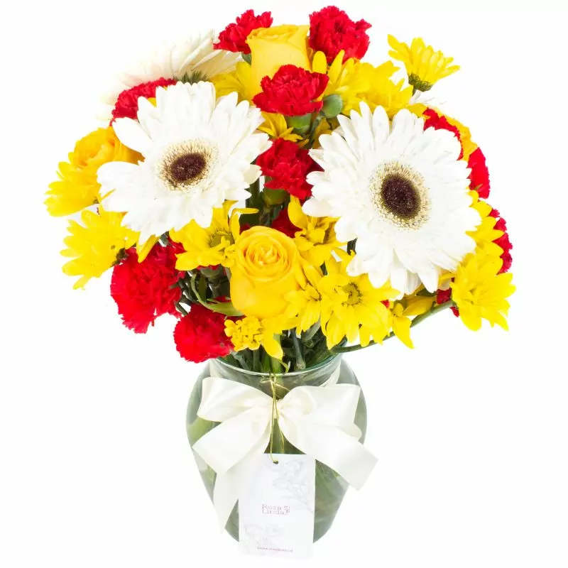 Brisa de verano amarillo - Florero transparente con gerberas, rosas y mini claveles