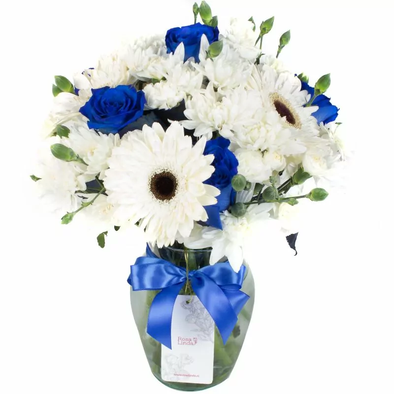 Brisa de invierno azul - Florero transparente con gerberas, rosas y mini claveles