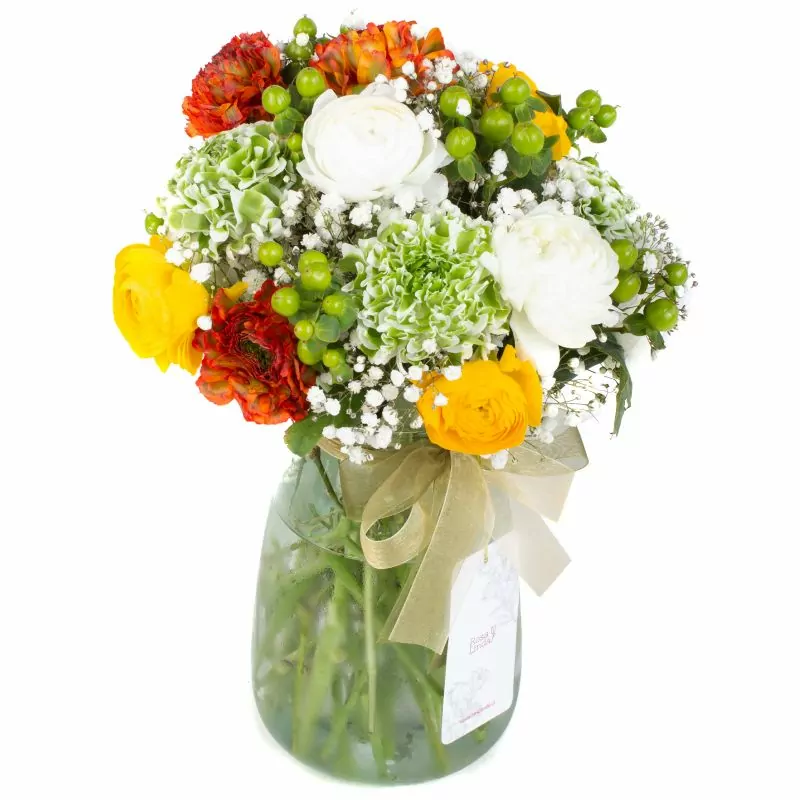 Foto 4 Artemisa - Florero transparente con ranúnculos, hypericum verde y gypso